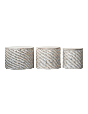 BLOOMINGVILLE White Woven Sidetable with Wood Tops, Set of 3